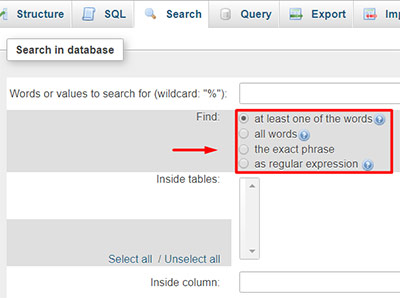 cpanel search database