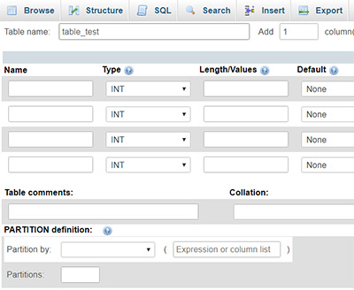 cpanel add table