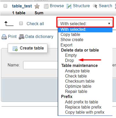 cpanel drop table